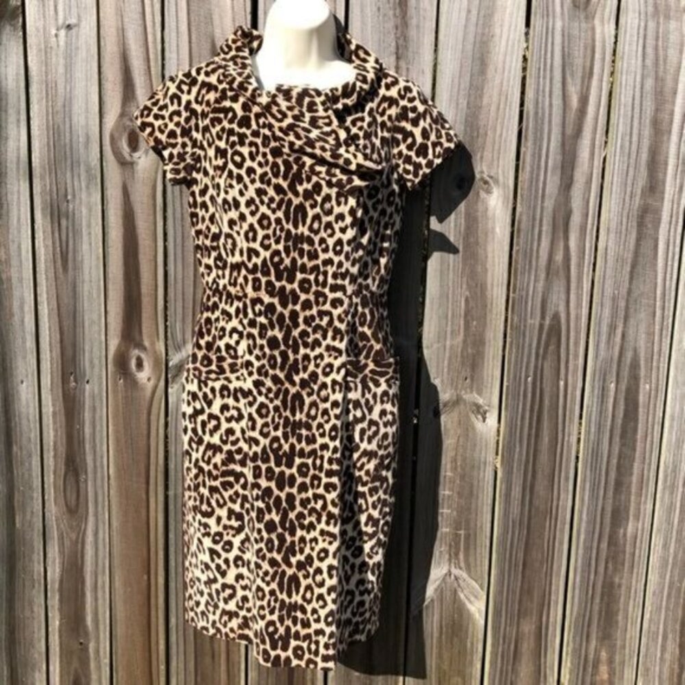 Etcetera 2 Cheetah Print Mini Dress 2 Tan Cream Black Bow Collar Short Sleeve